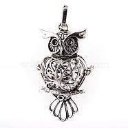 Rack Plating Brass Cage Pendants, For Chime Ball Pendant Necklaces Making, Owl, Antique Silver, 51x29x20mm, Hole: 4x7mm, inner measure: 18x20mm(KK-Q402-18AS)