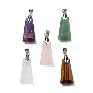 Natural Mixed Stone Faceted Pendants, Trapezoid Charms with Rack Plating Brass Snap on Bails, Platinum, 34x13x11mm, Hole: 5x3.5mm(G-F774-02)