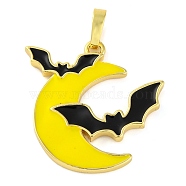 Halloween Theme Brass Enamel Pendants, Long-Lasting Plated, Real 18K Gold Plated, Moon with Bat, 26x25x2mm, Hole: 3.5x6mm(KK-S401-05G-C)