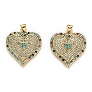 Brass Micro Pave Cubic Zirconia Pendants, Long-Lasting Plated, Heart, Real 18K Gold Plated, 26.5x25x3mm, Hole: 4x3mm(ZIRC-L100-028G)