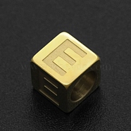 201 Stainless Steel European Beads, Large Hole Beads, Horizontal Hole, Cube, Golden, Letter.E, 7x7x7mm, Hole: 5mm(STAS-N090-LA063-E)