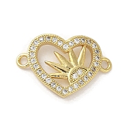Rack Plating Brass Micro Pave Clear Cubic Zirconia Heart with Sun Connector Charms, Real, Long-Lasting Plated, Cadmium Free & Lead Free, Real 18K Gold Plated, 13x19.5x2.5mm, Hole: 1.5mm(KK-C052-46G)
