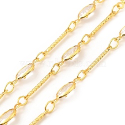 Brass Bar & Oval Link Chains, with Clear Cubic Zirconia, Lead Free & Cadmium Free, Soldered, with Spool, Real 18K Gold Plated, 12x1.5x1mm, 11.5x4.5x2mm(CHC-G017-19G)