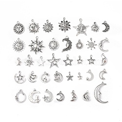 Tibetan Style Alloy Pendants, Sun & Moon & Star Charms, Antique Silver, 11~32x8~24x1.5~4mm, Hole: 1.8mm, 35pcs/set(X1-PALLOY-B014-11)