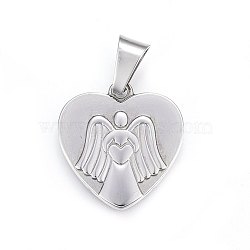 Non-Tarnish 304 Stainless Steel Pendants, Heart with Angel, Stainless Steel Color, 26x25x2.5mm, Hole: 11x6mm(STAS-P211-11P)