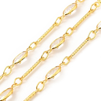 Brass Bar & Oval Link Chains, with Clear Cubic Zirconia, Lead Free & Cadmium Free, Soldered, with Spool, Real 18K Gold Plated, 12x1.5x1mm, 11.5x4.5x2mm