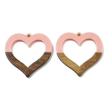 Resin and Walnut Pendants, Heart, Pink, 34.5x35x3mm, Hole: 2mm