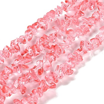 Spray Painted Transparent Glass Beads Strands, Imitation Gemstone, Chip, Light Coral, 2~8x5~19x4.5~7.5mm, Hole: 0.4mm, 29.92''~31.10''(76~79cm)