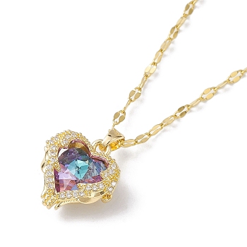 Brass Micro Pave Cubic Zirconia Pendant Necklaces, with Glass, Heart, Old Rose, 15.63 inch(397mm)