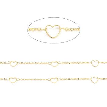 Handmade Brass Cable Chains, with Heart Link Ring and Spool, Soldered, Flat Oval, Long-Lasting Plated, Real 18K Gold Plated, 2x2x0.5mm, Heart: 6.5x7.5mm, about 32.8 Feet(10m)/roll
