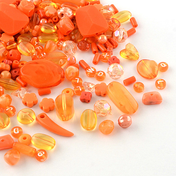 Acrylic Beads, Mixed Shapes, Orange Red, 5.5~28x6~20x3~11mm, Hole: 1~5mm
