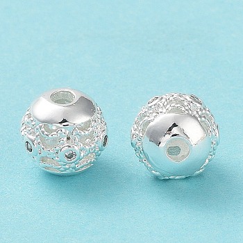 Rack Plating Brass Micro Pave Clear Cubic Zirconia Beads, Long-Lasting Plated, Cadmium Free & Lead Free, Hollow, Round with Lion Dancing, Silver, 10mm, Hole: 2.5mm