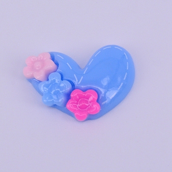 Resin Cabochon, Heart with Flowers, Blue, 16.5x21.5x5mm