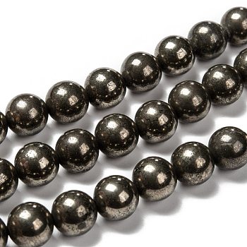 Natural Pyrite Beads Strands, Round, 10mm, Hole: 1mm, about 40pcs/strand, 15.74 inch