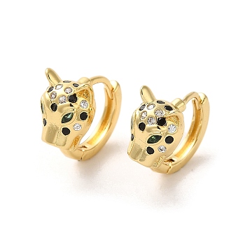 Leopard Head Brass Hoop Earrings, with Cubic Zirconia, Real 18K Gold Plated, 15x19x10mm