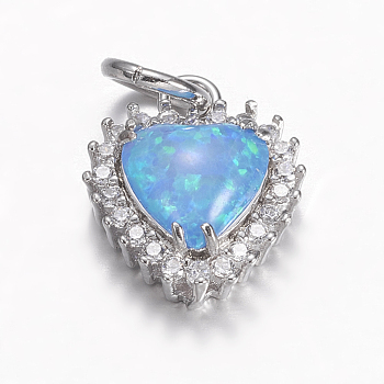 Brass Micro Pave Cubic Zirconia Charms, with Synthetic Opal, Heart, Platinum, Light Sky Blue, 14x11.5x5mm, Hole: 4mm