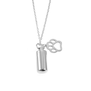 Stainless Steel Bullet with Paw Print Urn Ashes Pendant Necklace, Memorial Jewelry for Men Women, Silver, 19.69 inch(50cm)