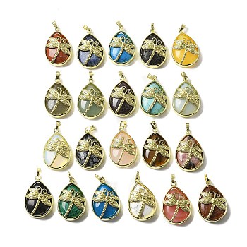 Natural & Synthetic Mixed Gemstone Pendants, with Golden Tone Brass Findings, Lead Free & Cadmium Free, Teardrop with Dragonfly Charms, Mixed Dyed and Undyed, 40~40.5x26~26.5x8.5~9.5mm, Hole: 7~8x4.5~5mm