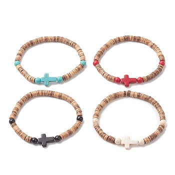 Coconut & Cross Dyed Synthetic Turquoise Beaded Stretch Bracelet for Men Women, Mixed Color, 1/4 inch(0.5~0.6cm), Inner Diameter: 1-7/8 inch(4.8cm)
