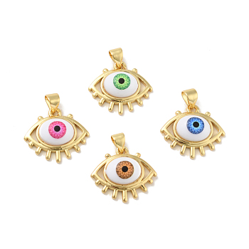 Brass Pendants, with Acrylic, Cadmium Free & Lead Free, Long-Lasting Plated, Evil Eye, Real 18K Gold Plated, Mixed Color, 16.5x19x6mm, Hole: 4x3.5mm