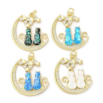 Brass Micro Pave Clear Cubic Zirconia Pendants, with Synthetic Opal, with Jump Ring, Real 18K Gold Plated, Moon with Cat, Mixed Color, 25x23x2mm, Hole: 3.6mm