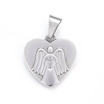 304 Stainless Steel Pendants, Heart with Angel, Stainless Steel Color, 26x25x2.5mm, Hole: 11x6mm