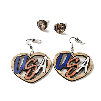 Heart with Word USA Wood Studs & Dangle Earrings Set, 316 Steel Needle Jewelry for Women, Heart, 60x45.5mm