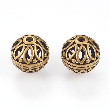 Brass Beads, Hollow, Round with Flower, Brushed Antique Bronze, 16mm, Hole: 3mm