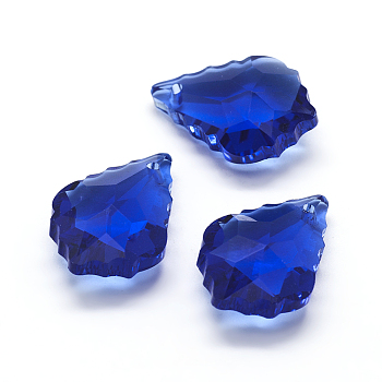 Faceted Glass Pendants, Leaf, Royal Blue, 22x15.5x8.5mm, Hole: 1mm