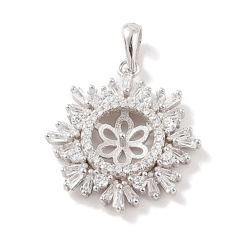 925 Sterling Silver Peg Bail Pendants, with Cubic Zirconia, Hollow Snowflower Charm, for Half Drilled Beads, Real Platinum Plated, 23.5x21x3.5mm, Hole: 4x5mm, Pin: 1mm