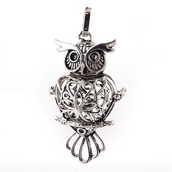 Rack Plating Brass Cage Pendants, For Chime Ball Pendant Necklaces Making, Owl, Antique Silver, 51x29x20mm, Hole: 4x7mm, inner measure: 18x20mm