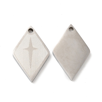 201 Stainless Steel Pendants, Rhombus with Star Charm, Stainless Steel Color, 20x12x2mm, Hole: 1.5mm
