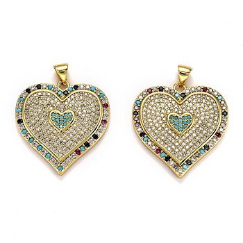 Brass Micro Pave Cubic Zirconia Pendants, Long-Lasting Plated, Heart, Real 18K Gold Plated, 26.5x25x3mm, Hole: 4x3mm