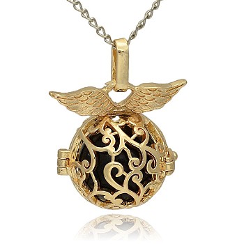 Golden Tone Brass Hollow Round Cage Pendants, with No Hole Spray Painted Brass Ball Beads, Black, 26x26x19mm, Hole: 3x8mm