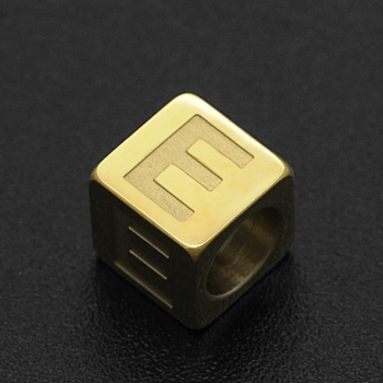 201 Stainless Steel European Beads, Large Hole Beads, Horizontal Hole, Cube, Golden, Letter.E, 7x7x7mm, Hole: 5mm