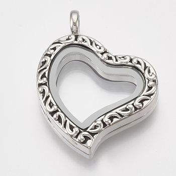 Alloy Magnetic Locket Pendants, with Glass, Heart, Platinum, 34x29x8mm, Hole: 5mm, Inner Measure: 16x20mm