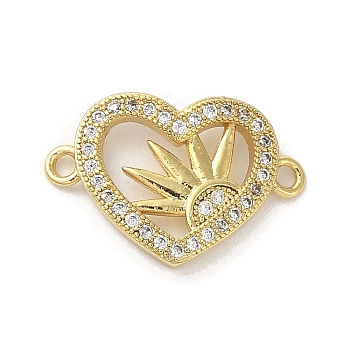 Rack Plating Brass Micro Pave Clear Cubic Zirconia Heart with Sun Connector Charms, Real, Long-Lasting Plated, Cadmium Free & Lead Free, Real 18K Gold Plated, 13x19.5x2.5mm, Hole: 1.5mm