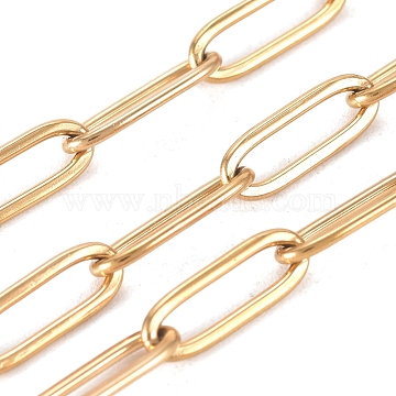 Vacuum Plating 304 Stainless Steel Paperclip Chains, Drawn Elongated Cable Chains, Soldered, with Spool, Golden, Links: 12x4x1mm, about 32.8 Feet(10m)/roll(CHS-L022-02B-G)