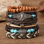 6Pcs 6 Styles Wood & Synthetic Turquoise Beaded Stretch Bracelets & Alloy Synthetic Turquoise Link Bracelets & Retro PU Leather Cord Bracelets for Men's, Oval, Coconut Brown, 7-1/8 inch(18cm)(FS-WG129F8-07)