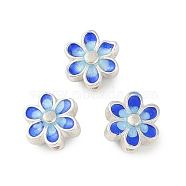 Rhodium Plated 925 Sterling Silver Enamel Beads, Flower, Royal Blue, Silver, 7x6x3.5mm, Hole: 0.8mm(STER-P060-05P)