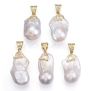Natural Baroque Pearl Keshi Pearl Pendants, Brass Nuggets Charms with Snap On Bails, Lead Free & Nickel Free & Cadmium Free, Long-Lasting Plated, Real 18K Gold Plated, 31.5~40x16~21x14~17.5mm, Hole: 8x5mm(PEAR-N020-J27)