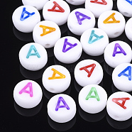 Initial Acrylic Beads, Horizontal Hole, Flat Round, Mixed Color, Letter.A, 7x3.5~4mm, Hole: 1.2mm, about 3700pcs/500g(OACR-E001-20A)