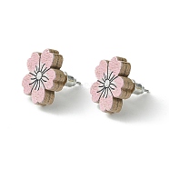 Poplar Wood Stud Earrings, with 316 Surgical Stainless Steel Pin, Flower, 15x16mm(EJEW-G376-01B)