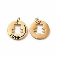 Ion Plating(IP) 304 Stainless Steel Pendants, with Jump Ring, Flat Round with Bear, Real 14K Gold Plated, 10x1mm, Hole: 3mm(STAS-E185-21G)