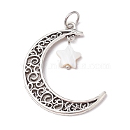 Alloy Moon Pendants, Hollow Moon Charms with Star Natural Freshwater Shell, Antique Silver, 41x34x2.5mm, Hole: 6mm(PALLOY-JF02290-02)