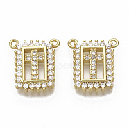 Brass Micro Pave Cubic Zirconia Pendants, Nickel Free, Rectangle with Cross, Clear, Real 16K Gold Plated, 16x14x2.5mm, Hole: 1.2mm(ZIRC-T014-030-NF)