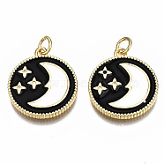 Brass Micro Pave Cubic Zirconia Enamel Pendants, with Jump Rings, Nickel Free, Flat Round with Moon, Real 16K Gold Plated, Black, 21.5x18x2mm, Jump Ring: 5x0.8mm, 3mm inner diameter(ZIRC-Q200-002-NF)