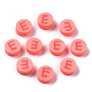 Handmade Polymer Clay Beads, Flat Round with Alphabet, Light Coral, Letter.E, 9x3.5~5mm, Hole: 1.6mm(CLAY-N011-031E)