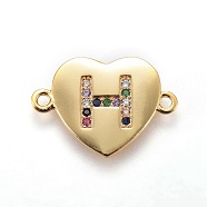 Brass Micro Pave Cubic Zirconia Links, Heart with Letter, Colorful, Golden, Letter.H, 14~14.5x19.5~20x1.5mm, Hole: 1.5mm(ZIRC-F093-55G-H)