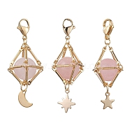 Natural Rose Quartz Brass Pendant Decorations, Diamond with Star & Moon, 48~52mm, 3pcs/set(HJEW-JM01817-01)